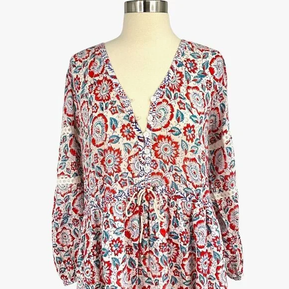 Bell By Alicia Bell Patton Mini Dress Size XL Long Sleeve V Neck Tassel Tie - Picture 2 of 12